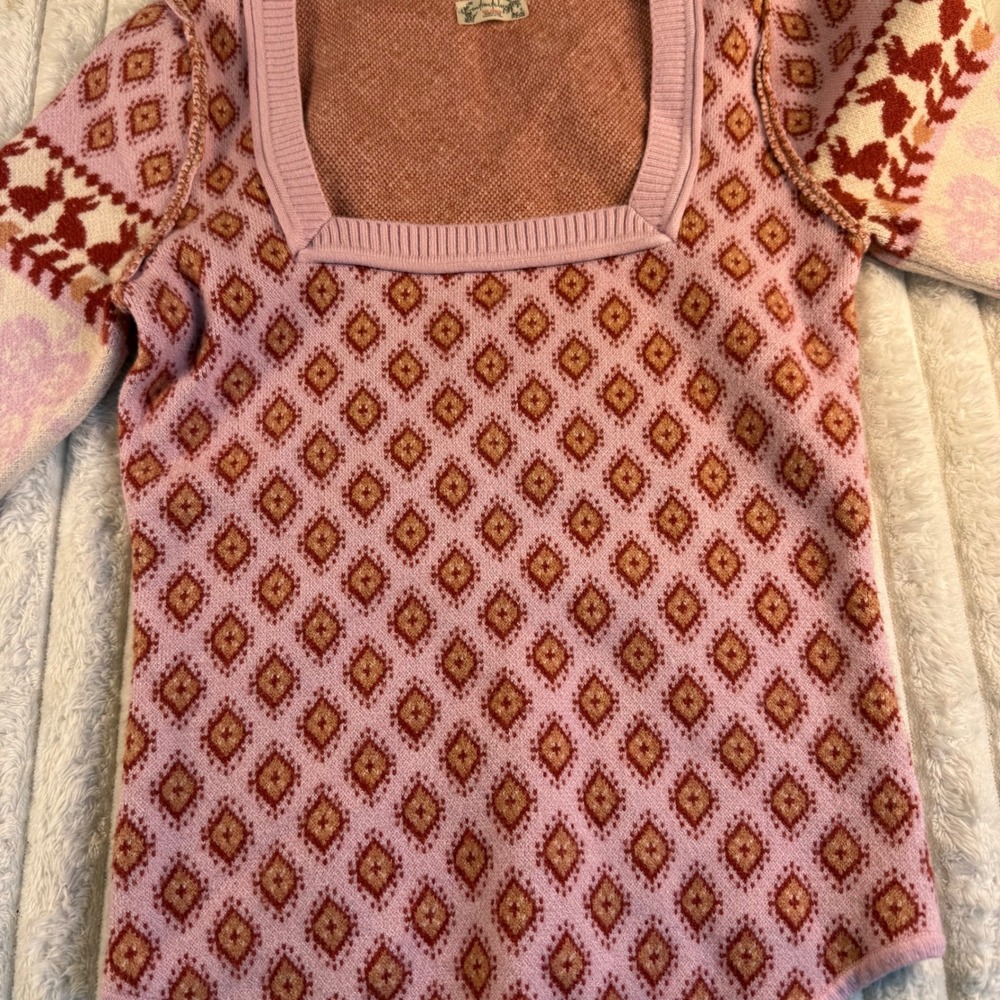 Free People Snow Bunnies Square Neck Bodysuit Pink Fair Isle Sweater XS - Picture 9 of 10